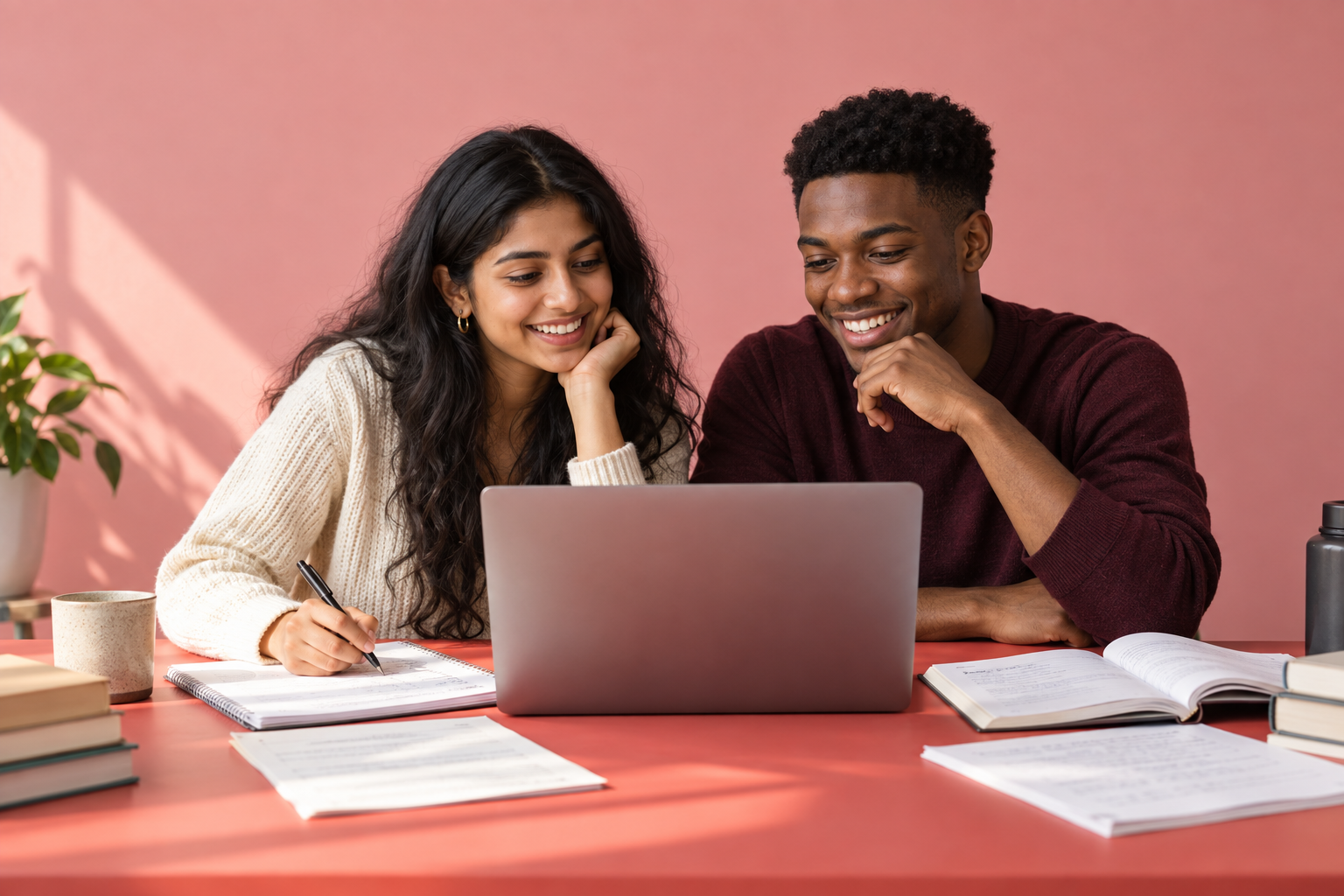 Two students enjoying a focused GRE study session with a laptop and notebooks